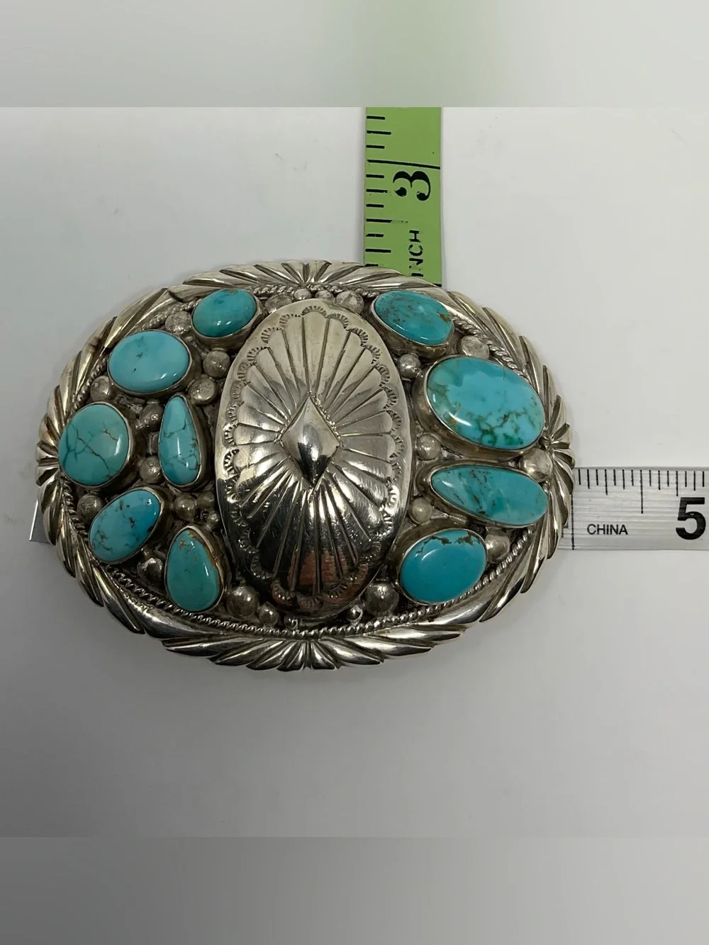 Stover Paul Sterling Navajo-Style Belt Buckle‎ Turquoise Cabochons